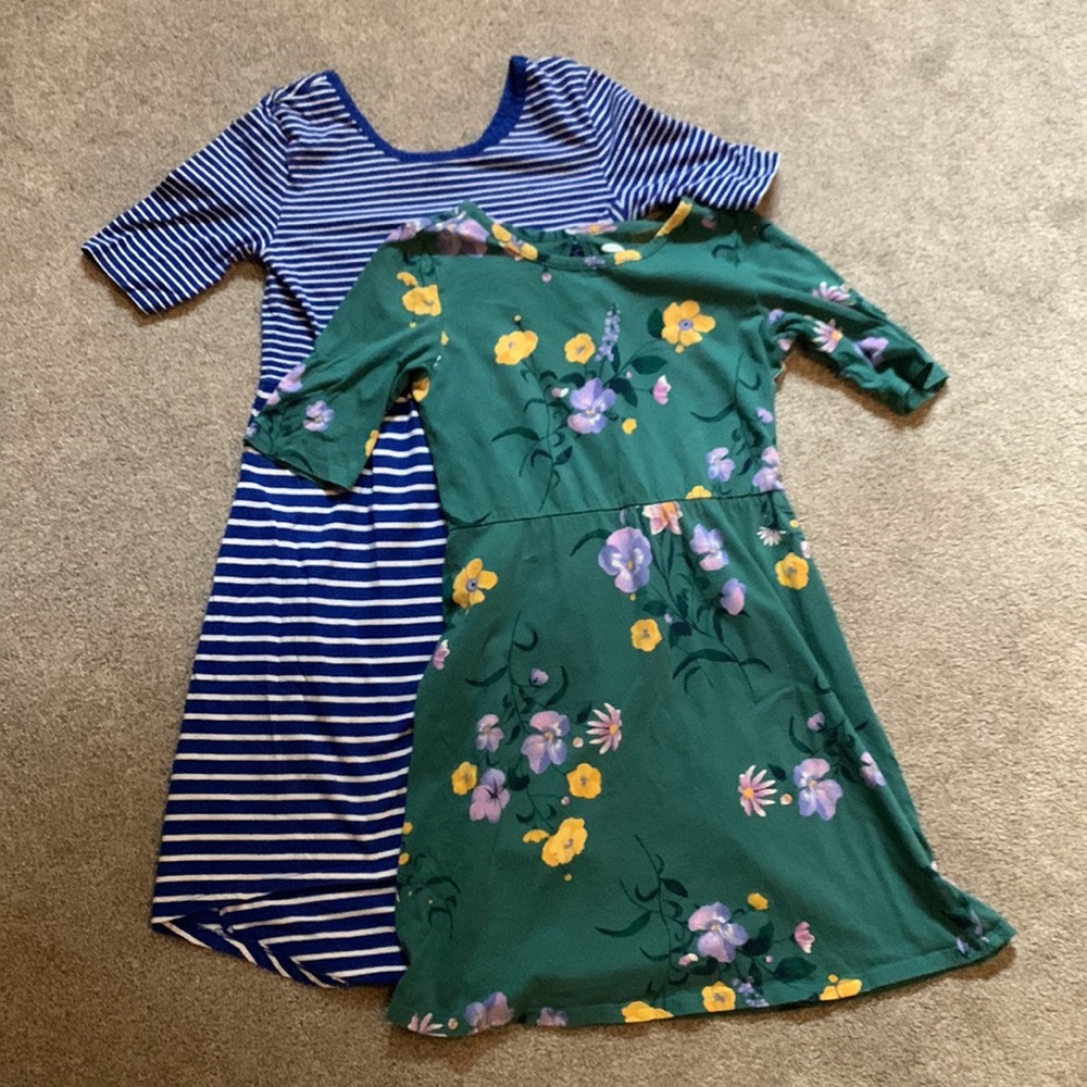 Bundle of girls Old Navy dresses, green floral and blue and white strip, XL.